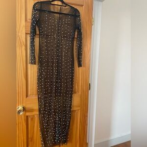 Sheer Pearl Mesh Maxi Dress Black Long Sleeve Rhinestone Festival Party